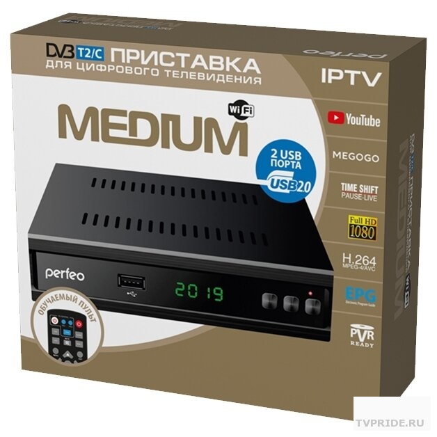 Эфирный ресивер Perfeo MEDIUM DVB-T2/C, обуч. пульт, HDMI, RCA, 2xUSB, WiFi