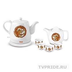 MYSTERY MEK-1624 Чайник, Мощность 1500 Вт, Объём 1,2 л., Корпус из высококачественной керамики, В наборе чайник, заварной чайник, 4 пиалы, Цвет Белый.