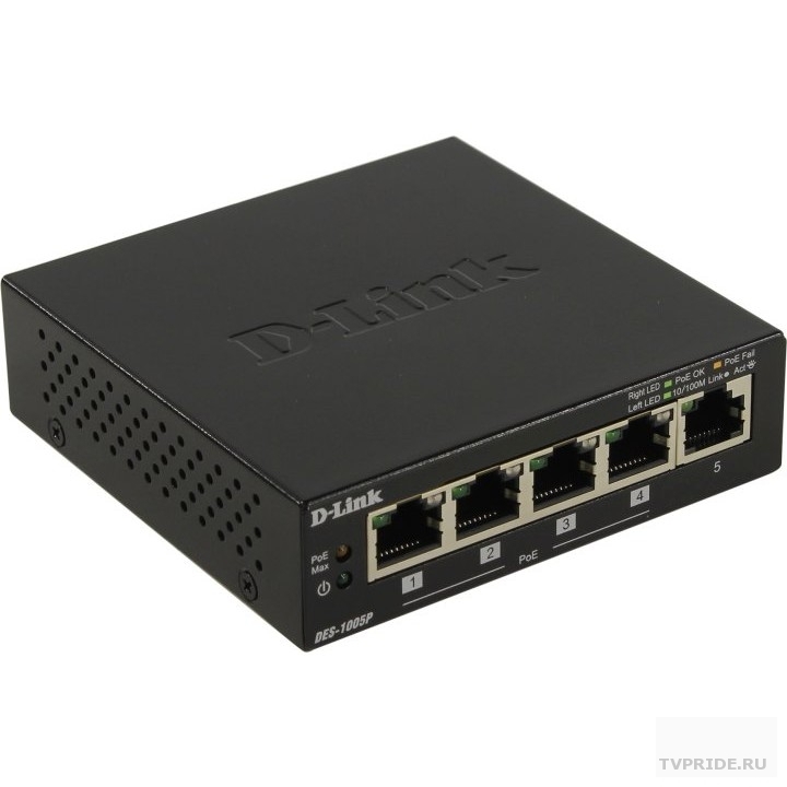 D-Link DES-1005P/B1A Неуправляемый коммутатор с 5 портами 10/100Base-TX, функцией энергосбережения и поддержкой QoS 4 порта с поддержкой PoE 802.3af/802.3at 30 Вт, PoE-бюджет 60 Вт