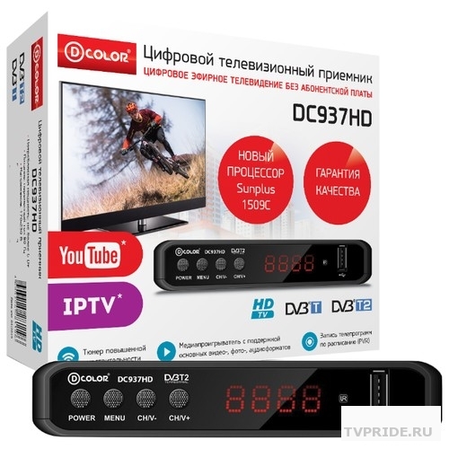 Ресивер DVB-T2 D-Color DC937HD Sunplus 1509C, DVB-T2 Пластик, RCA, HDMI, USB, WI Fi Опция, LED-дисплей, Внешний БП 5V