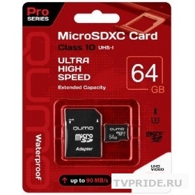 Micro SecureDigital 64Gb QUMO QM64GMICSDXC10U3 MicroSDXC Class 10 UHS-I, SD adapter
