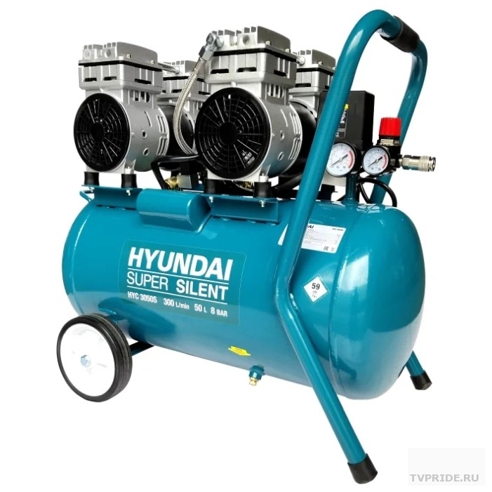 HYUNDAI HYC 3050S Компрессор поршневой, безмасляный  300 л/мин, 230 В, 1400 об/мин., ресивер 50 л, поршней 4 шт., давление 8 бар., 36.5 кг 