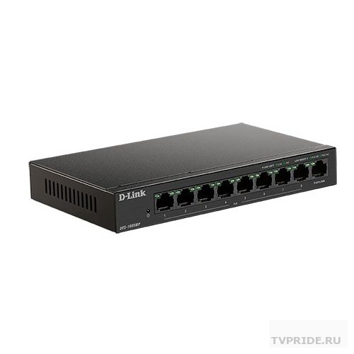 D-Link DES-1009MP/A1A Неуправляемый коммутатор с 8 портами 10/100Base-TX и 1 портом 10/100/1000Base-T 8 портов РоЕ 802.3af/at, PoE-бюджет 117 Вт
