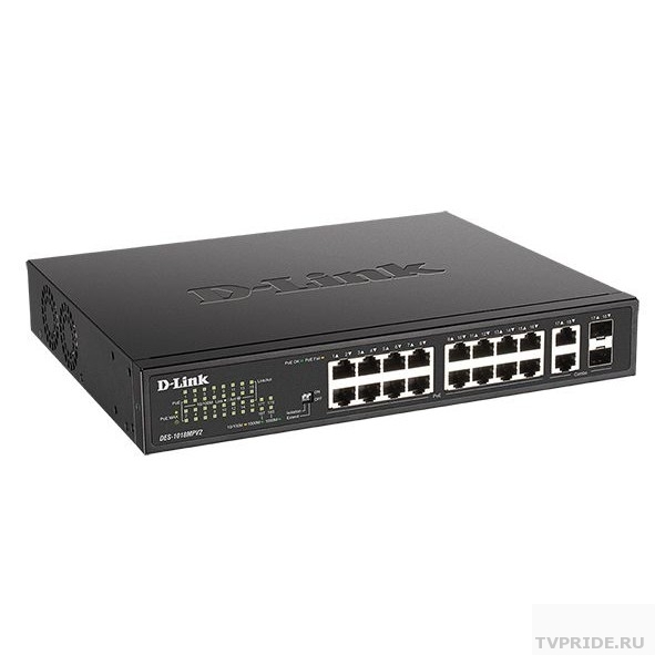 D-Link DES-1018MPV2/A1A Неуправляемый коммутатор с 16 портами 10/100Base-TX и 2 комбо-портами 100/1000Base-T/SFP 16 портов PoE 802.3af/at, PoE-бюджет 247 Вт, дальность до 250 м