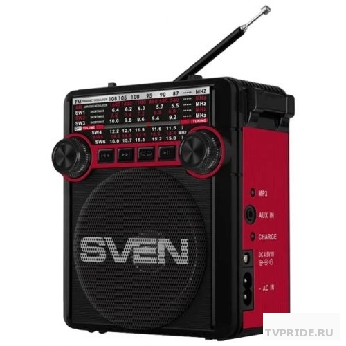 SVEN SRP-355, красный, радиоприемник, мощность 3 Вт RMS, FM/AM/SW, USB, SD/microSD, фонарь, встроенный аккумулятор
