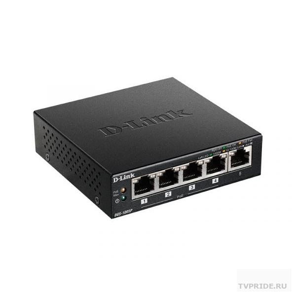 D-Link DGS-1005P/B1A Неуправляемый коммутатор с 5 портами 10/100/1000Base-T, функцией энергосбережения и поддержкой QoS 4 порта с поддержкой PoE 802.3af/802.3at 30 Вт, PoE-бюджет 60 Вт