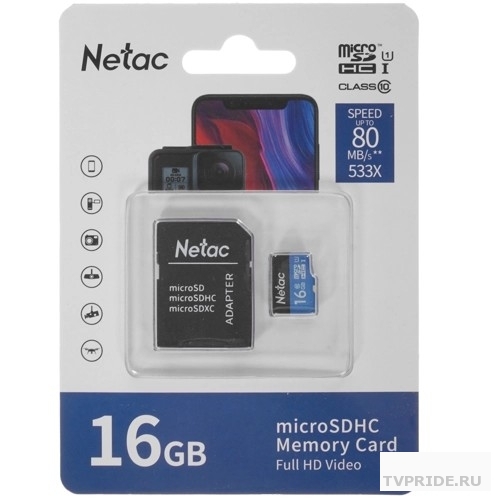 Micro SecureDigital 16GB Netac MicroSD card P500 Standard, retail version w/SD adapter NT02P500STN-016G-R