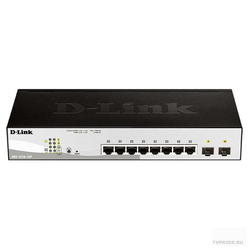 D-Link DGS-1210-10P/F3A Настраиваемый L2 коммутатор с 8 портами 10/100/1000Base-T и 2 портами 1000Base-X SFP 8 портов PoE 802.3af/at, PoE-бюджет 65 Вт