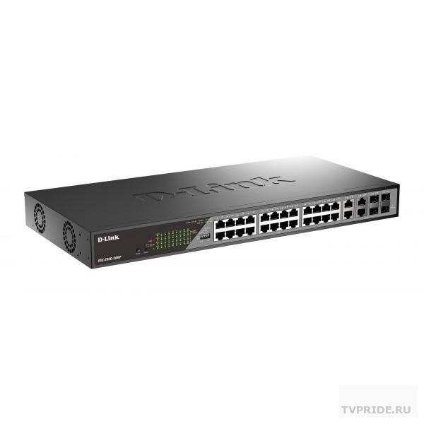 D-Link DSS-200G-28MP/A1A Настраиваемый L2 коммутатор с 24 портами 10/100/1000Base-T и 4 комбо-портами 100/1000Base-T/SFP 24 порта PoE 802.3af/at, PoE-бюджет 370 Вт, дальность до 250 м